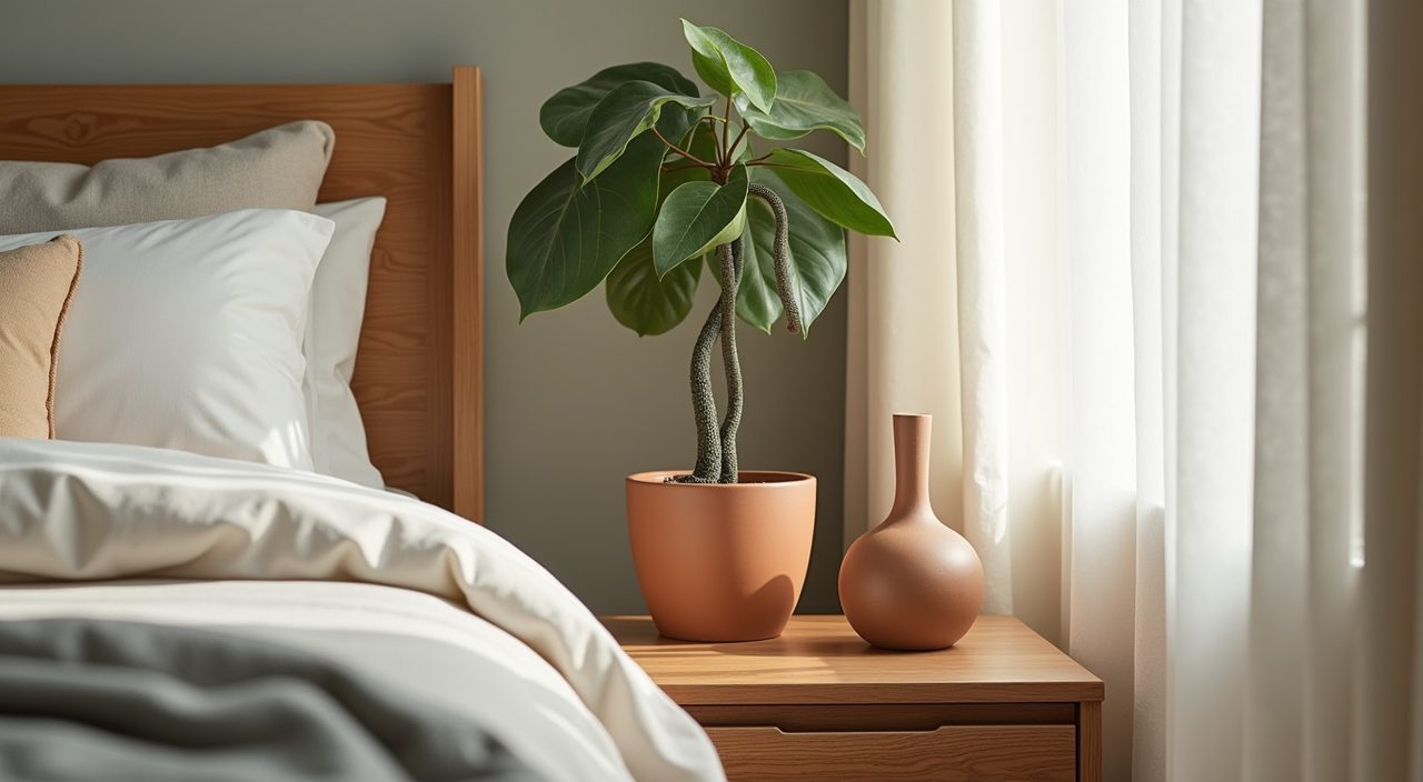 Greenery and handmade ceramics on a nightstand in a Japandi Singapore bedroom