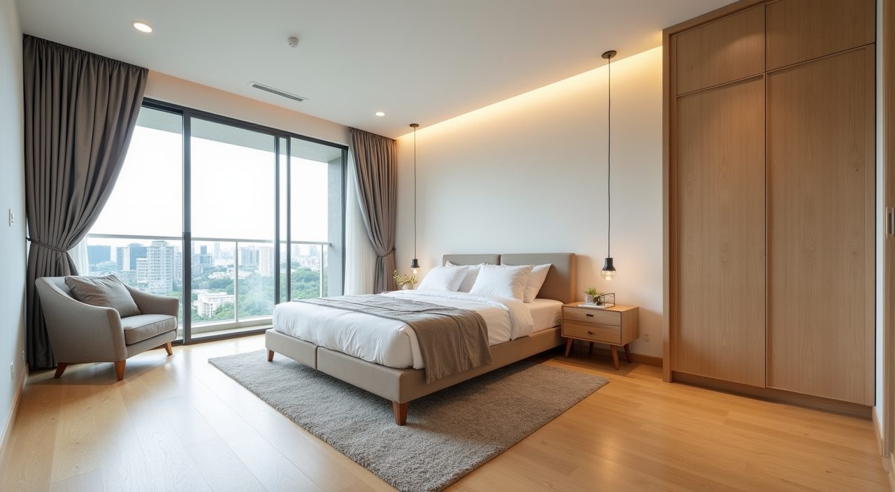 Open uncluttered Japandi Singapore master bedroom with oak look flooring