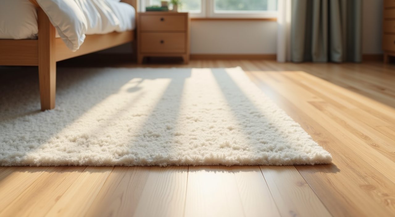 Oak look vinyl floor and wool rug detail in a Japandi Singapore bedroom