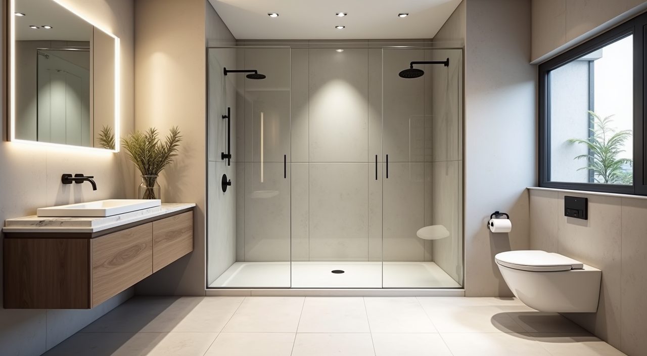 Contemporary landed home bathroom with glass screen separating wet shower zone from dry basin area
