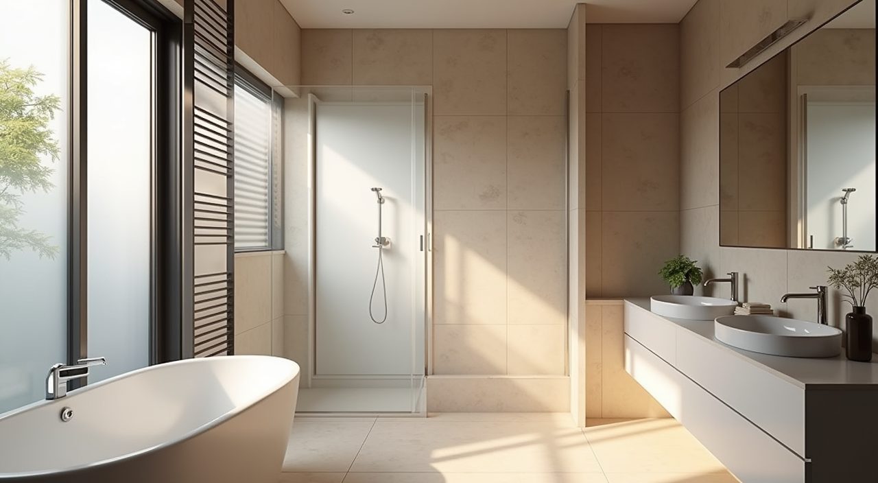 Contemporary landed bathroom ventilation with louvre window and ceiling exhaust vent on an external wall