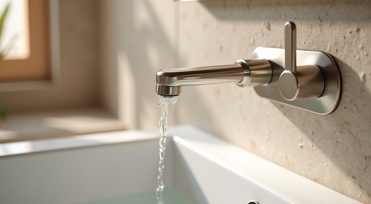 Brushed nickel tapware against a stone effect feature wall in a contemporary landed home bathroom