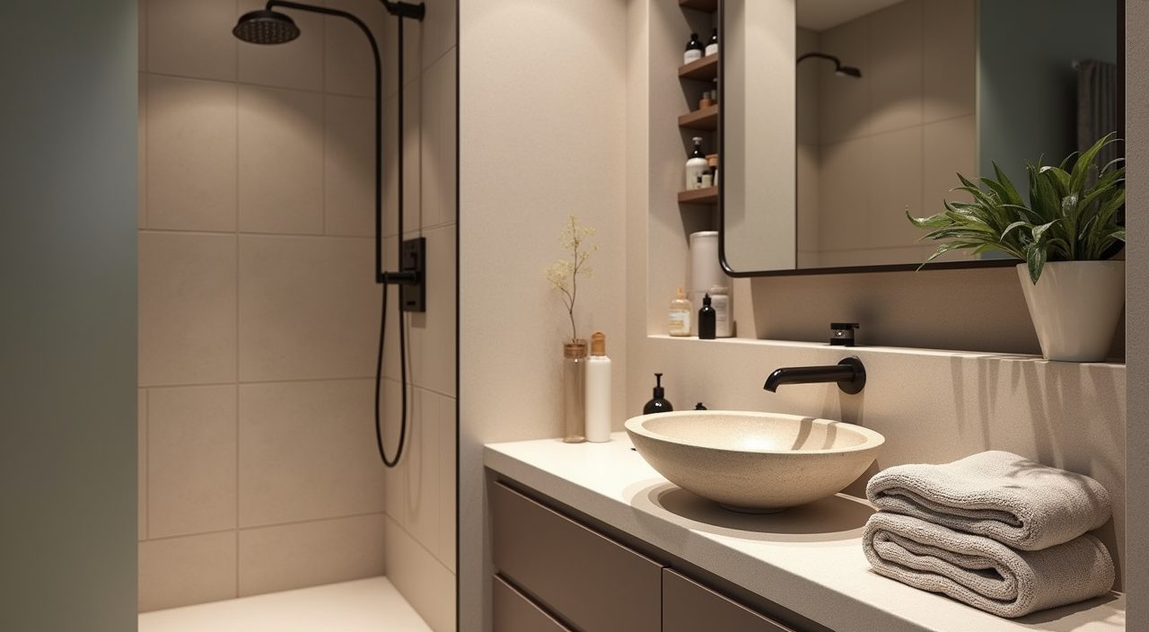 Corner nook with recessed shower niche and stone basin in a contemporary landed home bathroom