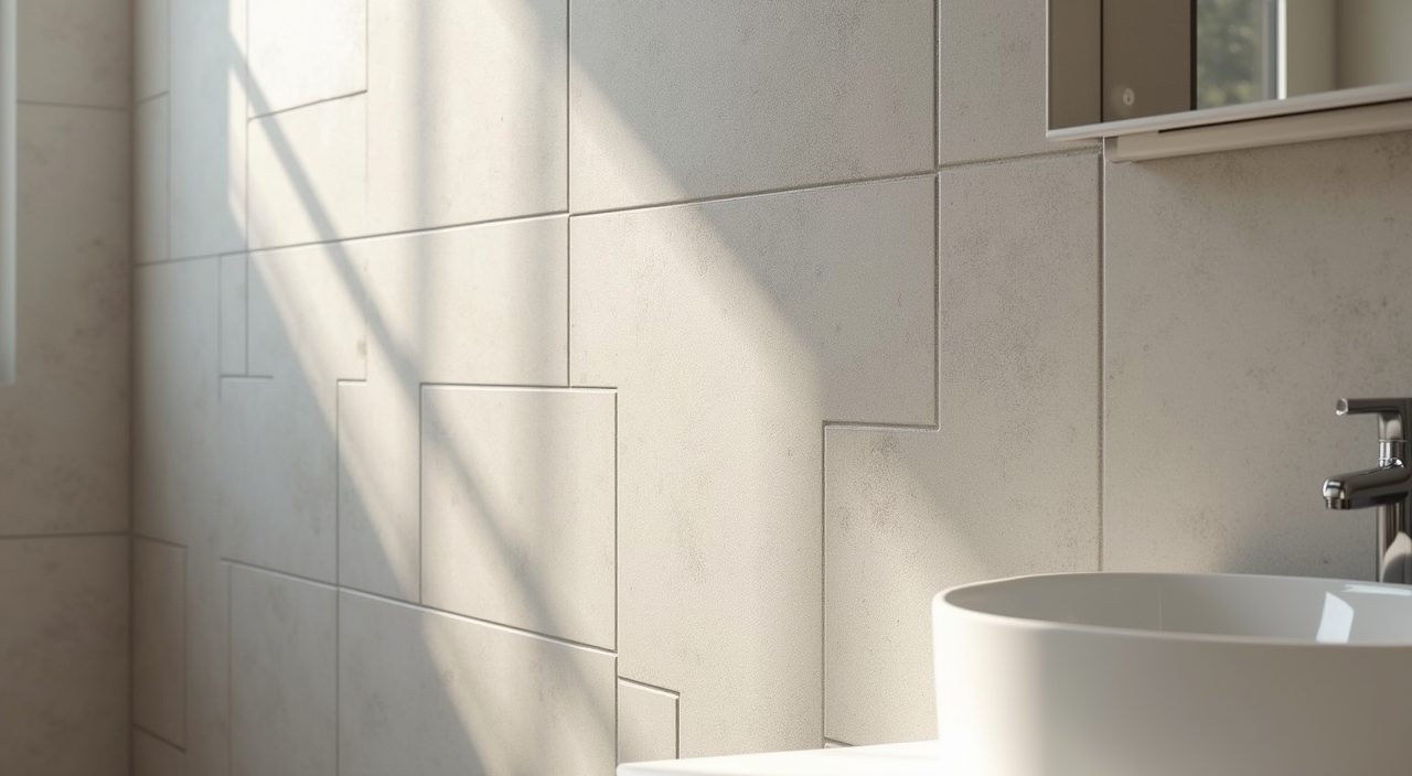 Close up of large format porcelain wall tiles with minimal grout lines in a contemporary landed bathroom