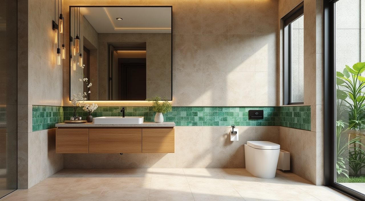 Contemporary landed bathroom in warm greige palette with green zellige accent tiles and timber look vanity