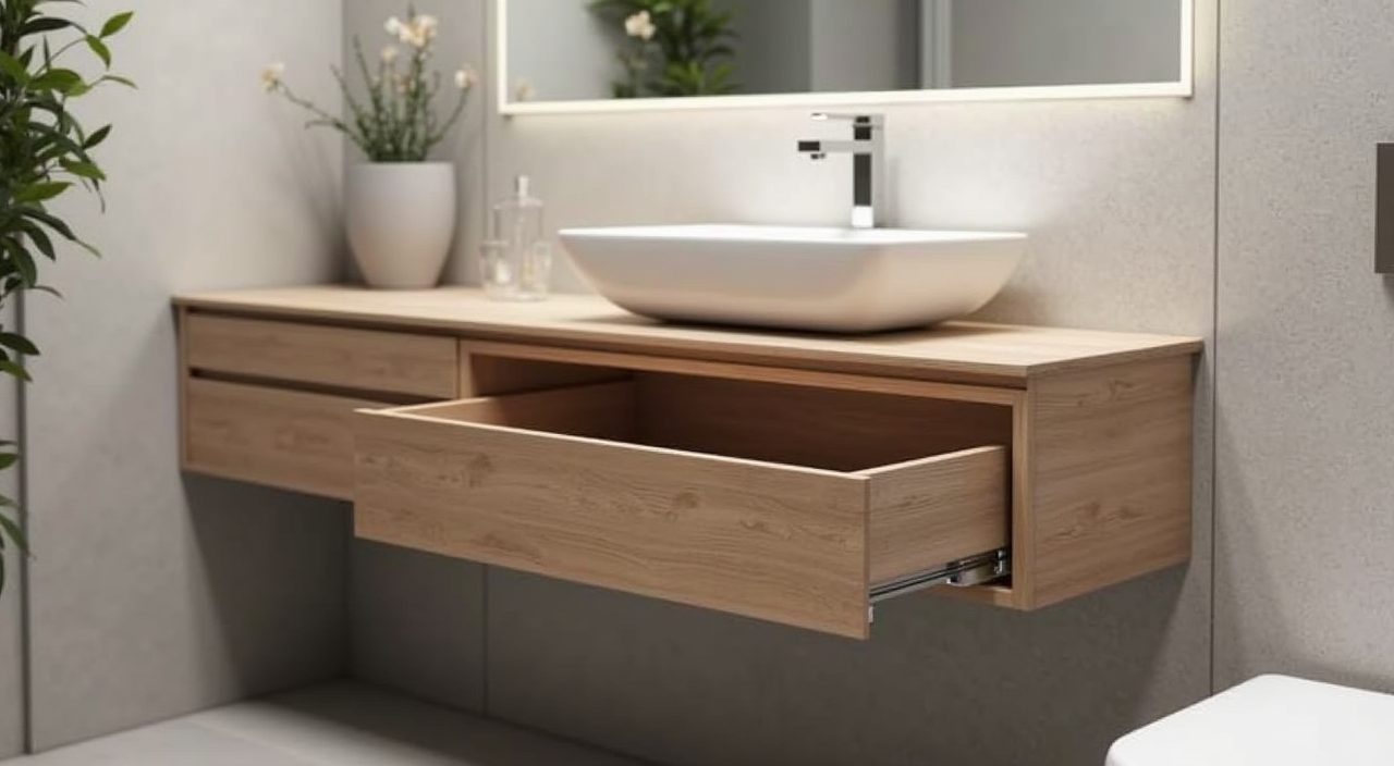 Wall hung moisture tolerant vanity with open drawer in a contemporary landed home bathroom