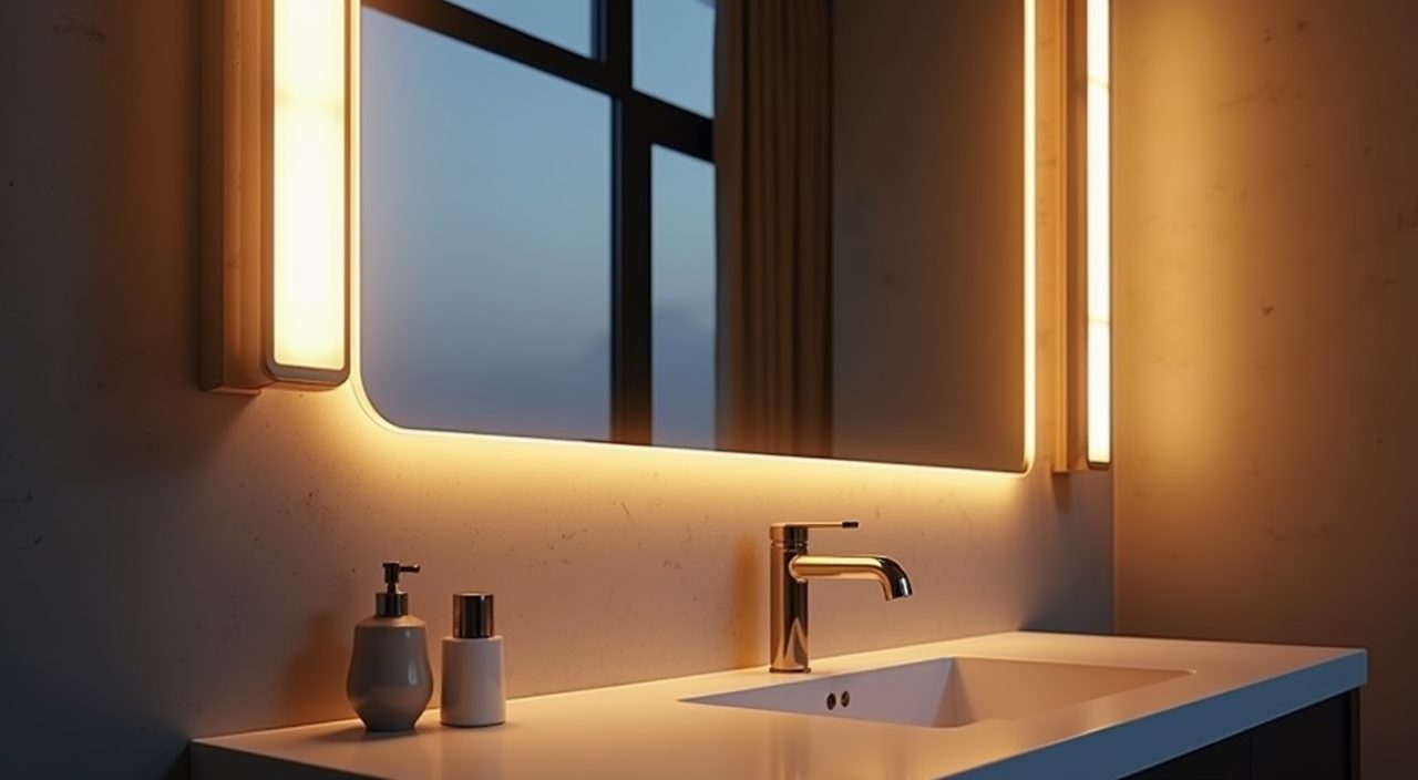Backlit mirror with warm vertical task lighting in a contemporary landed home bathroom
