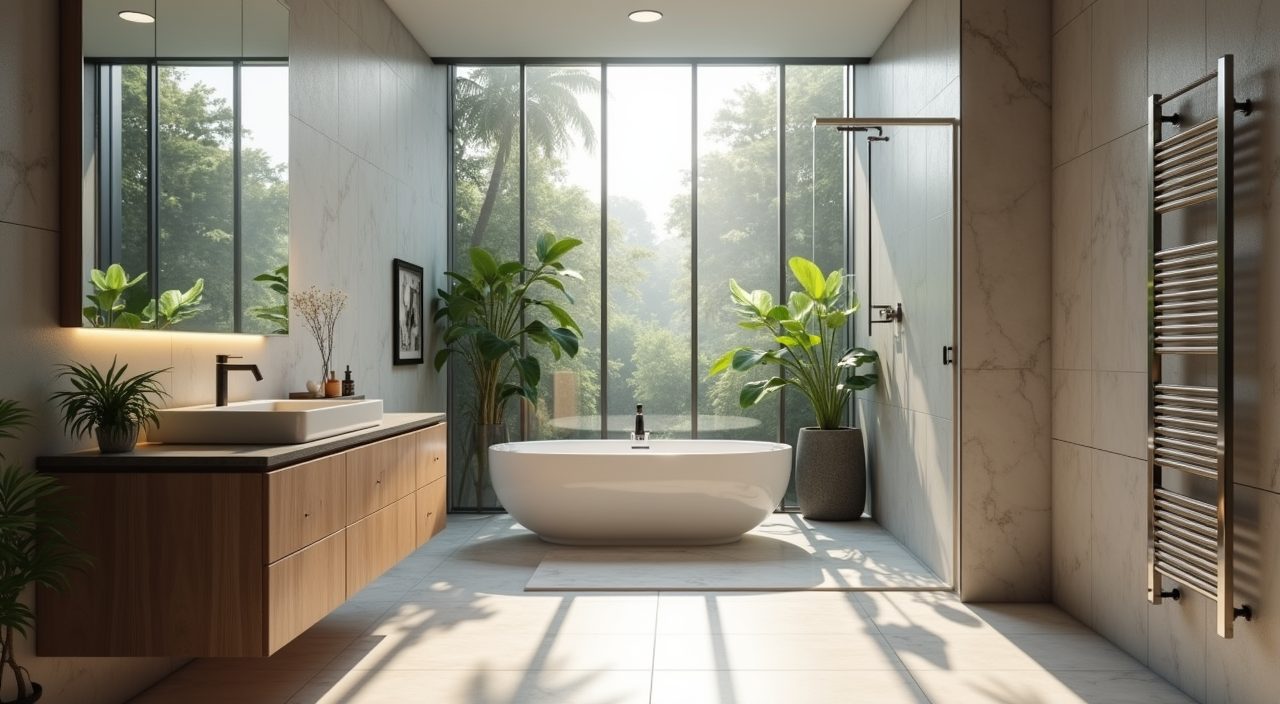 Contemporary landed bathroom with skylight and reeded glass clerestory over the shower bringing in daylight