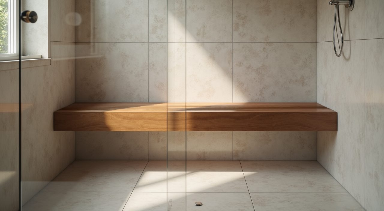 Teak slatted shower bench as a grounding natural material in a contemporary landed home bathroom