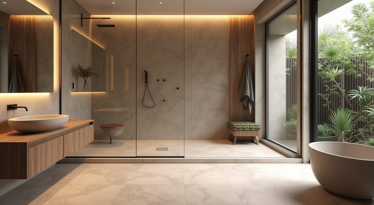 Wide view of a spacious contemporary landed home master ensuite with walk in shower and stone basin