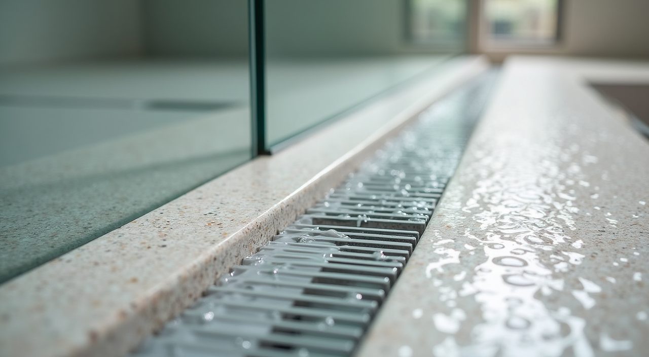Close up of a linear drain and mosaic shower floor with slip resistant texture in a landed home bathroom