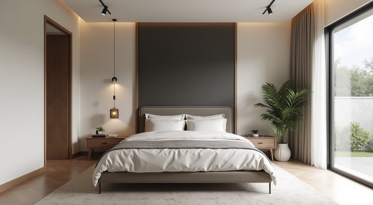Contemporary landed home bedroom with warm neutral greige walls and a charcoal accent feature wall behind the bed