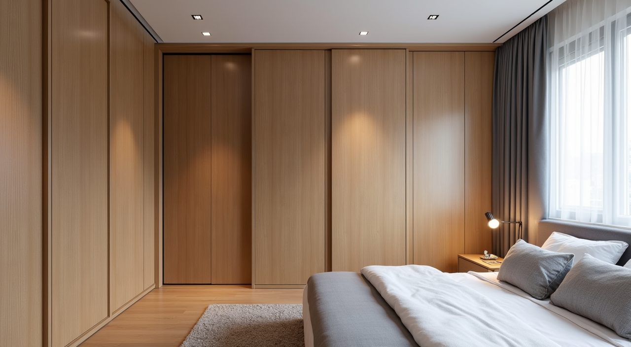 Contemporary landed home bedroom with full height oak built in wardrobe and sliding doors