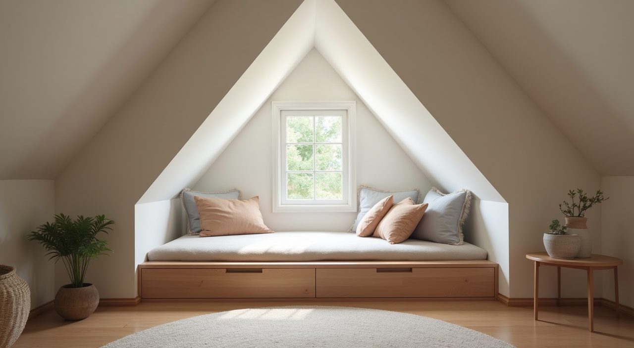 Attic bedroom reading nook under a sloped roof with built in platform and drawers in a landed home