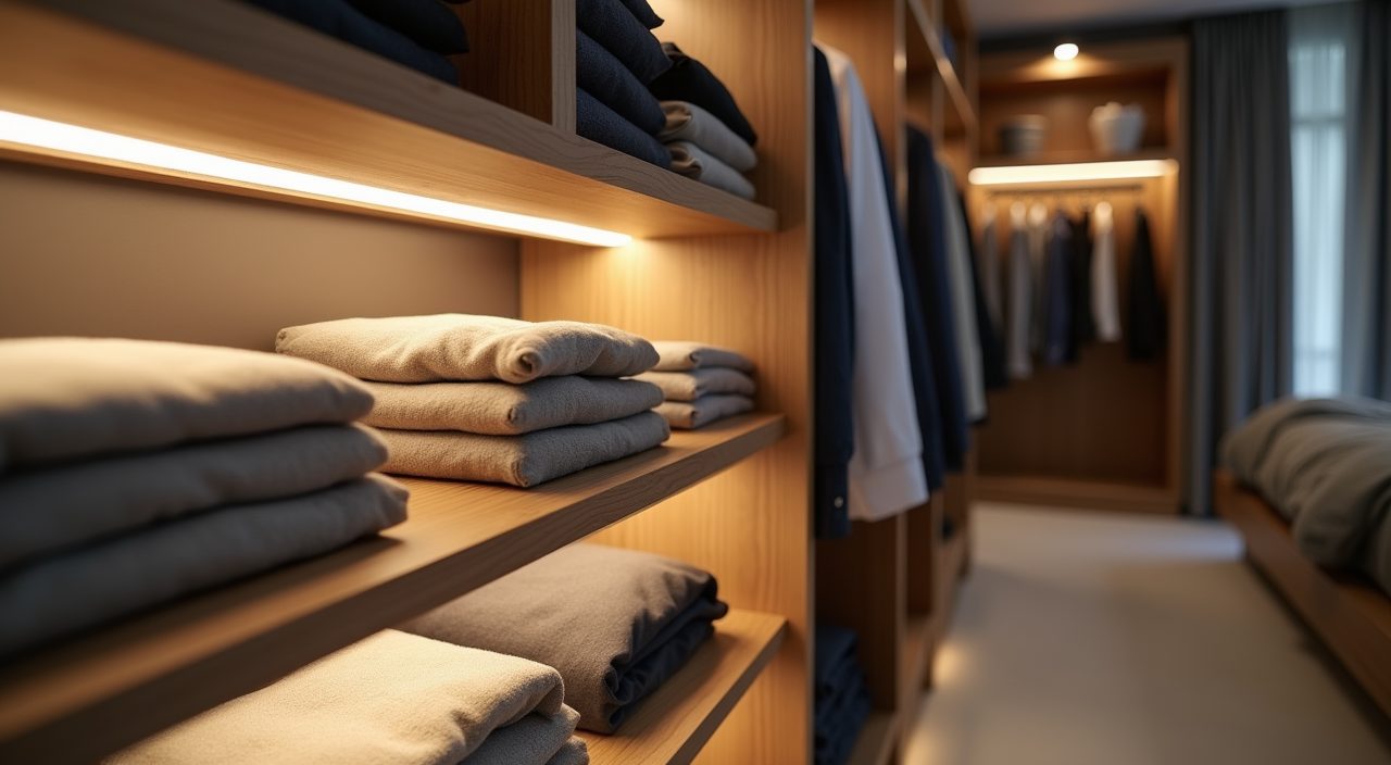 Walk in wardrobe corner detail with oak shelving, hanging rail and sensor LED lighting in a landed home bedroom