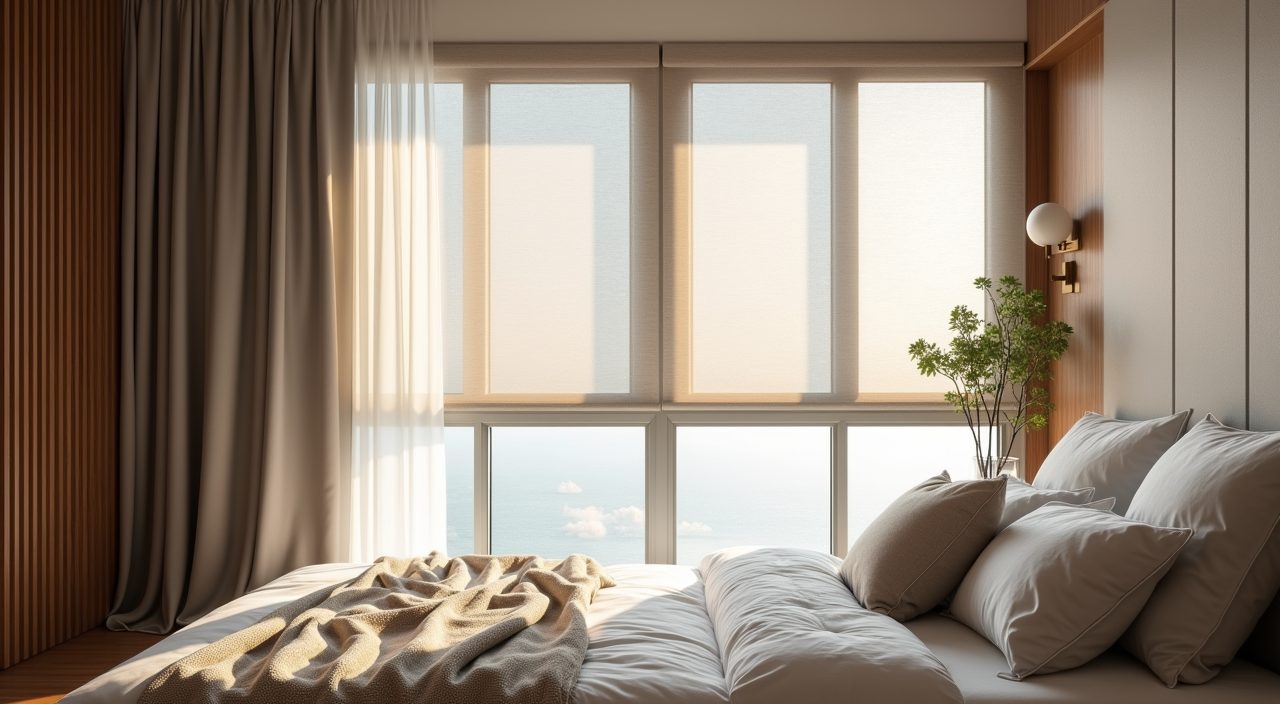 Contemporary landed home bedroom with layered sheer blind and blackout curtain controlling tropical sunlight