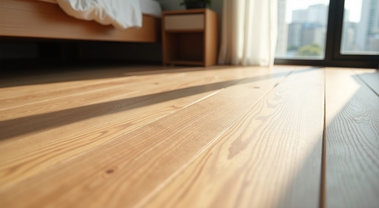 Close up of humidity friendly engineered timber flooring in a contemporary landed home bedroom