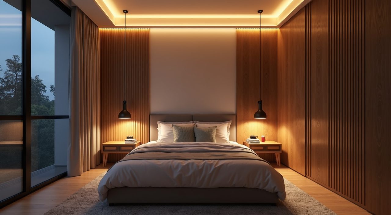 Contemporary landed home bedroom showing layered warm cove, bedside and accent lighting in the evening