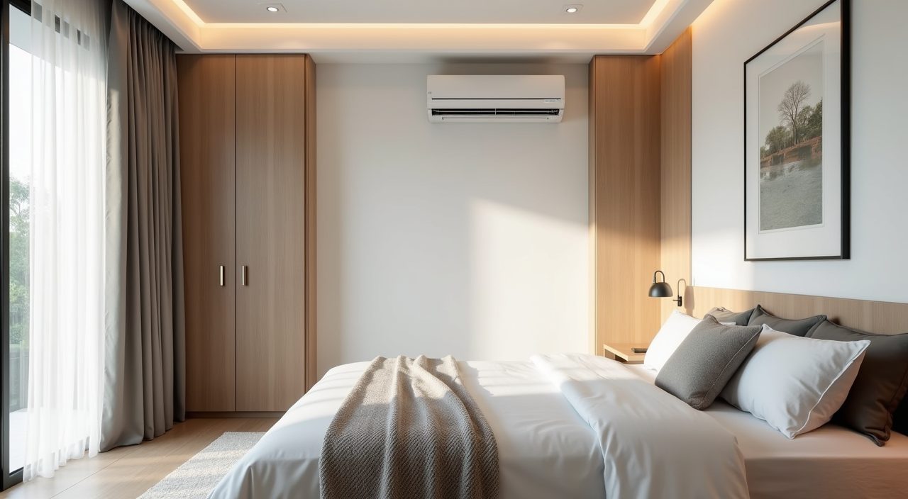 Contemporary landed home bedroom with air conditioner tucked into a bulkhead ceiling detail with concealed cove lighting