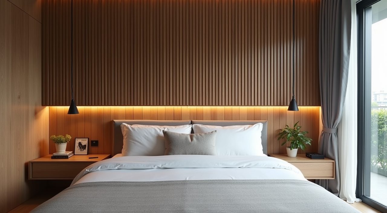 Contemporary landed home bedroom with a wall to wall timber slat headboard and a slim shelf ledge