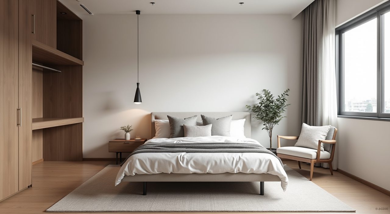Contemporary landed home bedroom with clear circulation space and right scaled furniture near the window