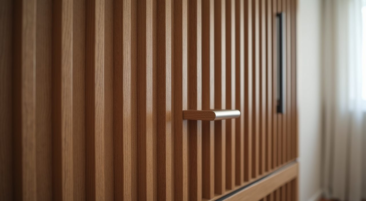 Close up detail of a fluted oak wardrobe panel with brushed handle and internal LED in a landed home bedroom