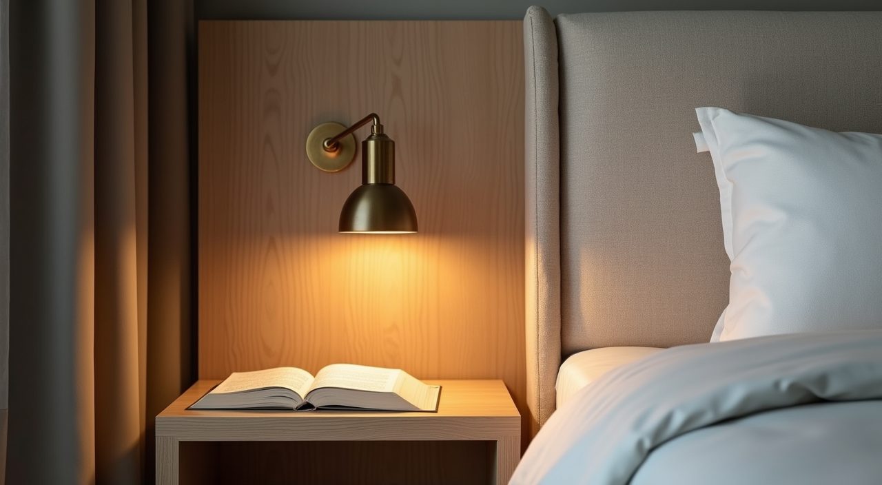 Bedside corner detail with brass wall reading light and linen headboard in a contemporary landed home bedroom