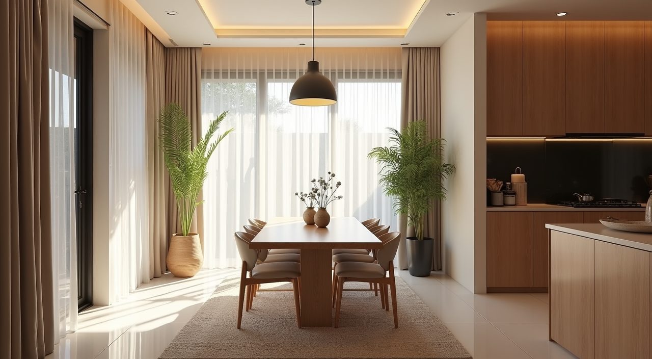 Contemporary Singapore landed home dining area with table beside daylit window and sheer curtains controlling glare