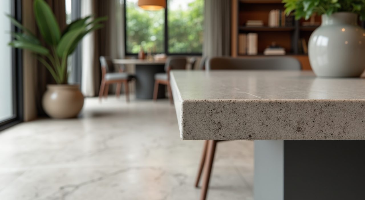Close detail of sintered stone dining table and large-format porcelain floor in a Singapore landed home dining area