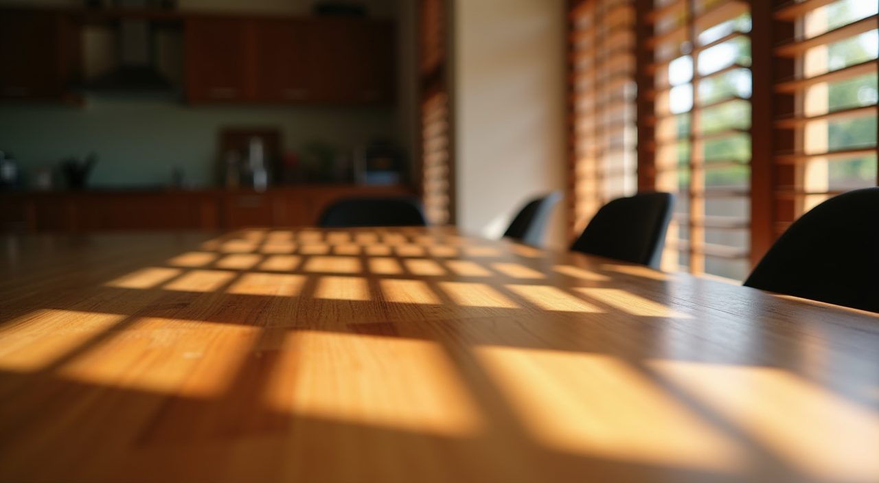 Timber louvre shadows across a hardwood dining table in a contemporary Singapore landed home dining area