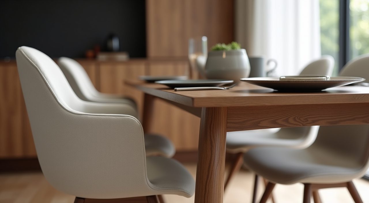 Close detail of upholstered dining chairs and timber table with ceramic serveware in a Singapore landed home dining area