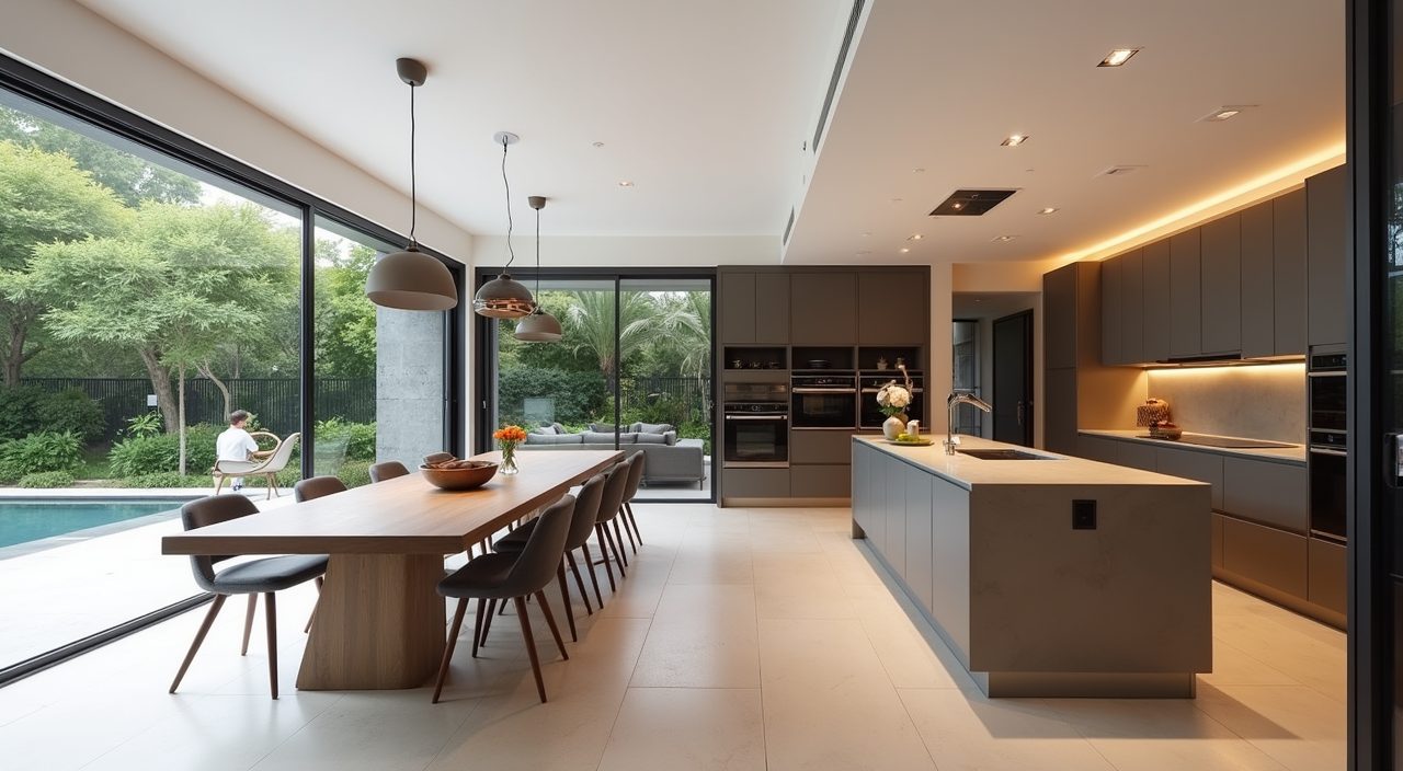 Open-plan dry kitchen and dining area in a Singapore landed home divided by an island with glass doors to the wet kitchen