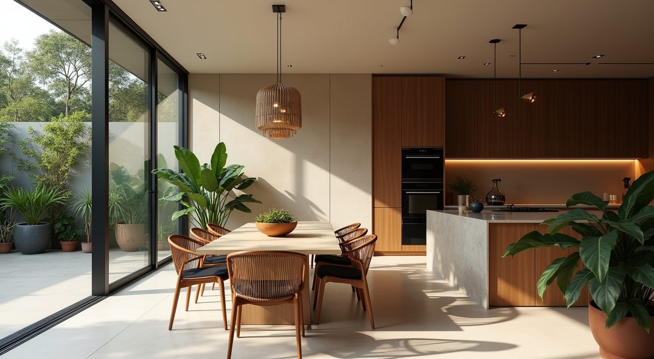 Warm tropical neutral palette with timber and greenery in a contemporary Singapore landed home dining area