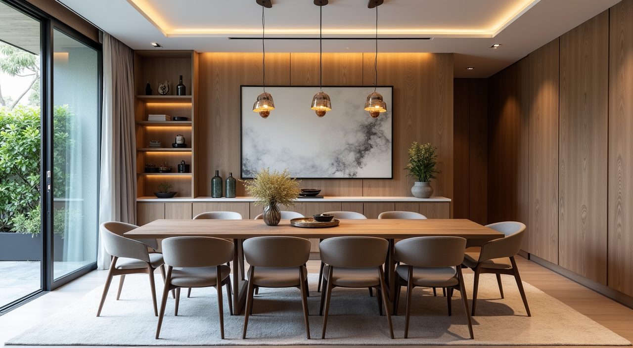 Contemporary Singapore landed home dining area showing a rectangular table with generous walkway clearance for chairs