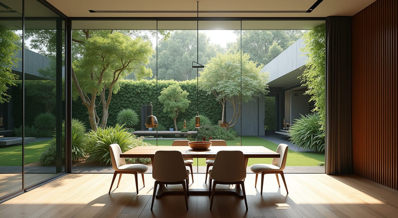 Contemporary Singapore landed home dining area framing a garden courtyard view through a full-height glazed wall