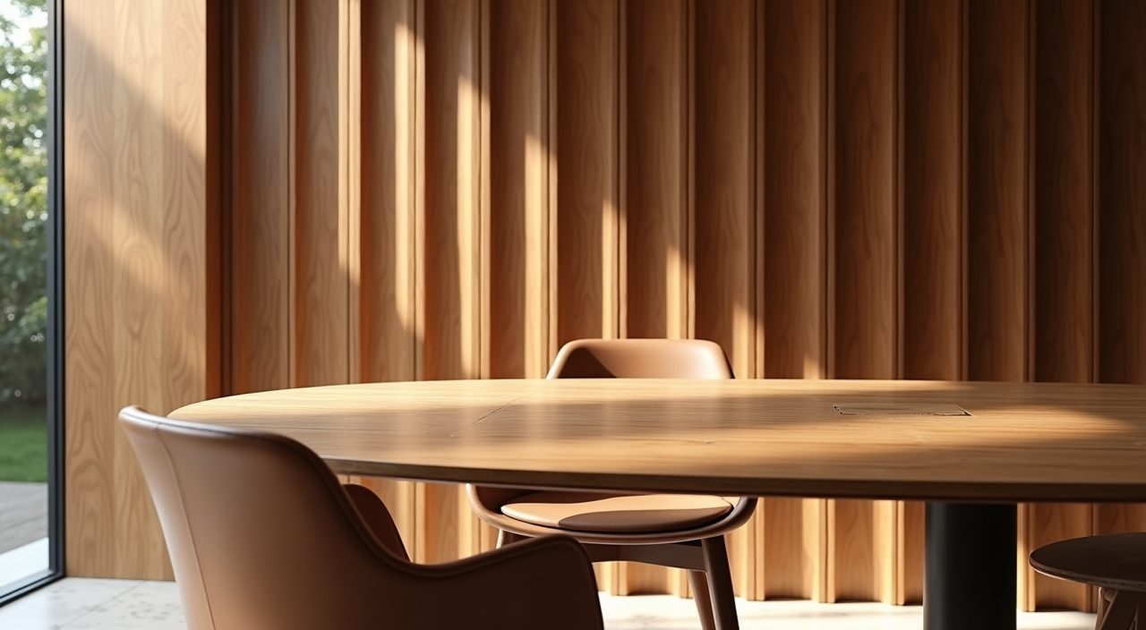 Close detail of a fluted timber feature wall in a contemporary Singapore landed home dining area