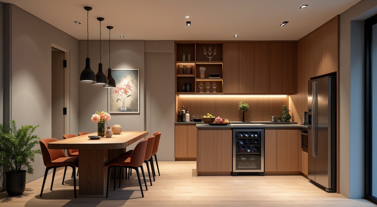 Under-stair custom carpentry storage nook with wine fridge in a contemporary Singapore landed home dining area