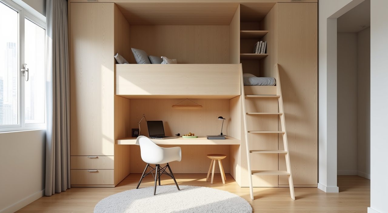 Contemporary kids room loft bed with study desk underneath in a landed home