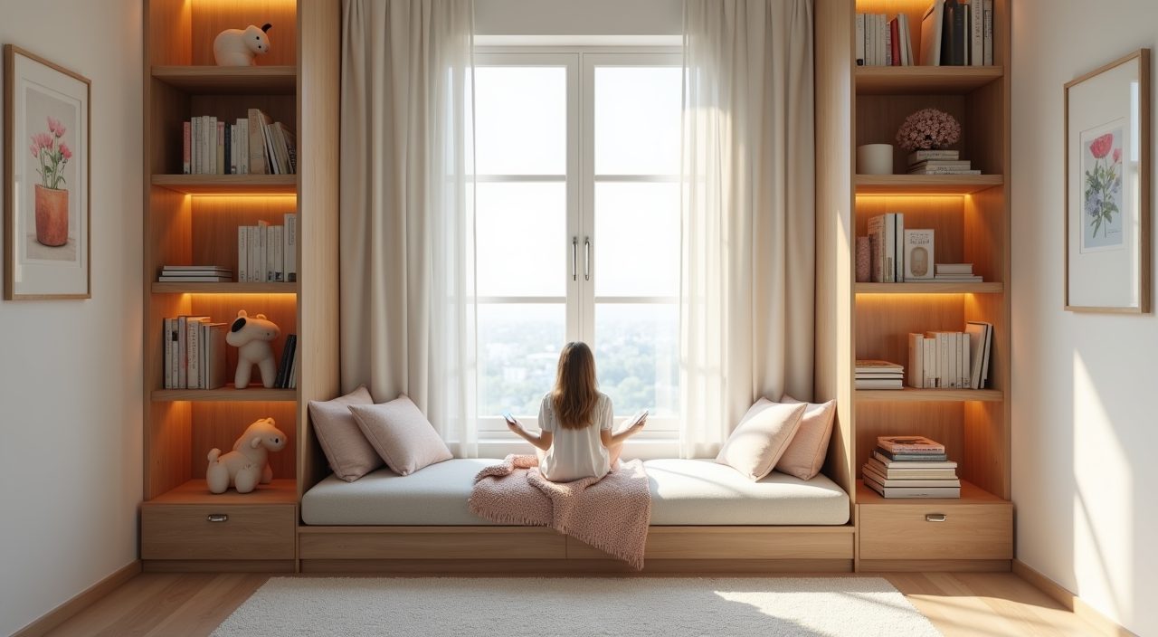 Cosy window reading nook corner with bookshelves in a contemporary landed home kids room