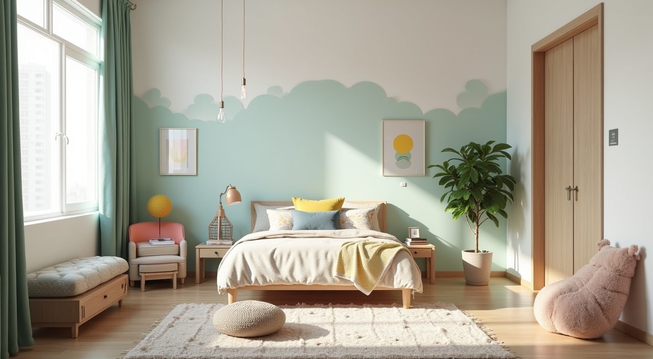 Contemporary kids room with calm sage and white base palette and colourful swappable decor