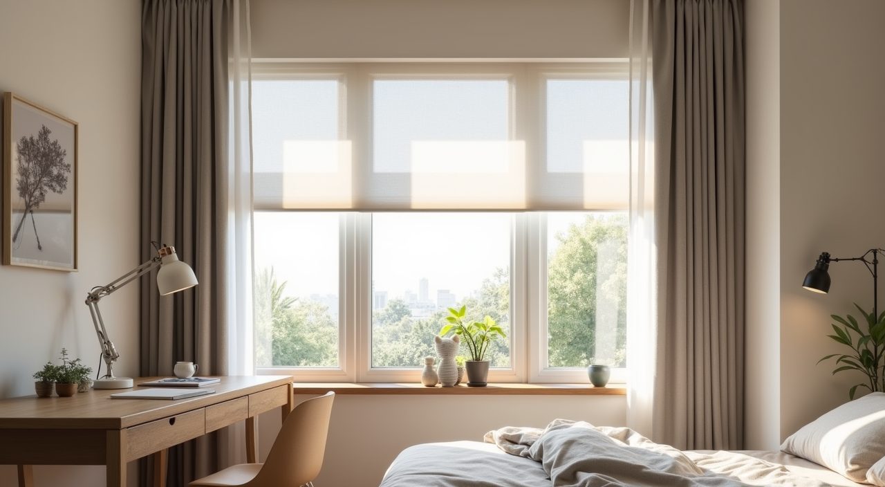 Contemporary kids room window with layered sheer and blackout treatments controlling afternoon sun