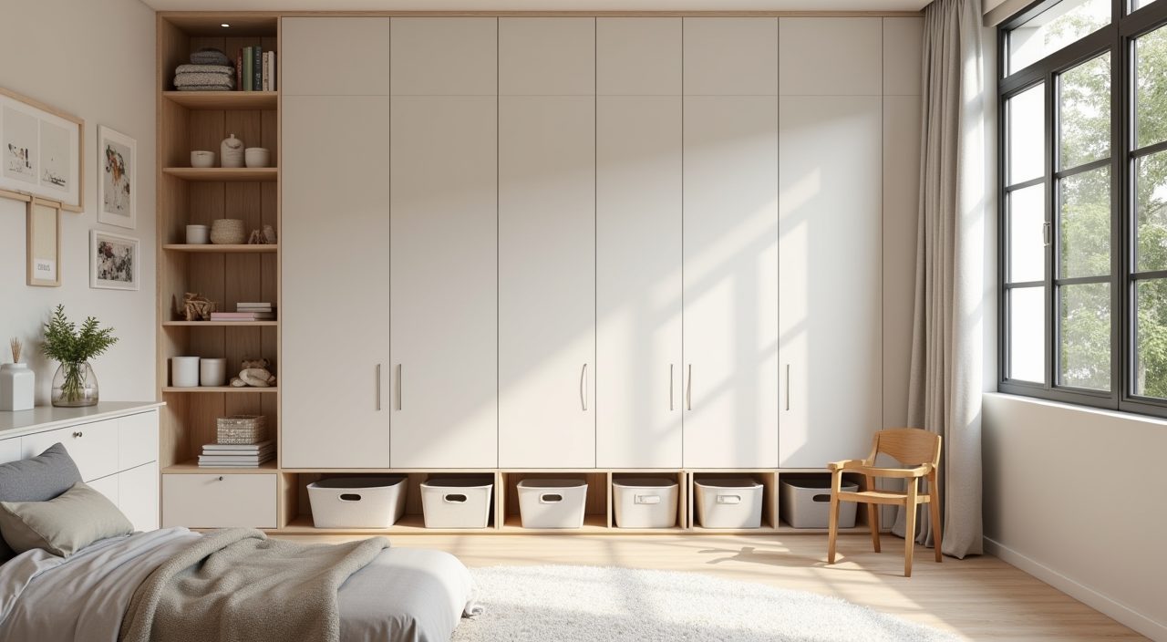 Tall built-in mixed storage with low open shelves and high cabinets in a contemporary kids room