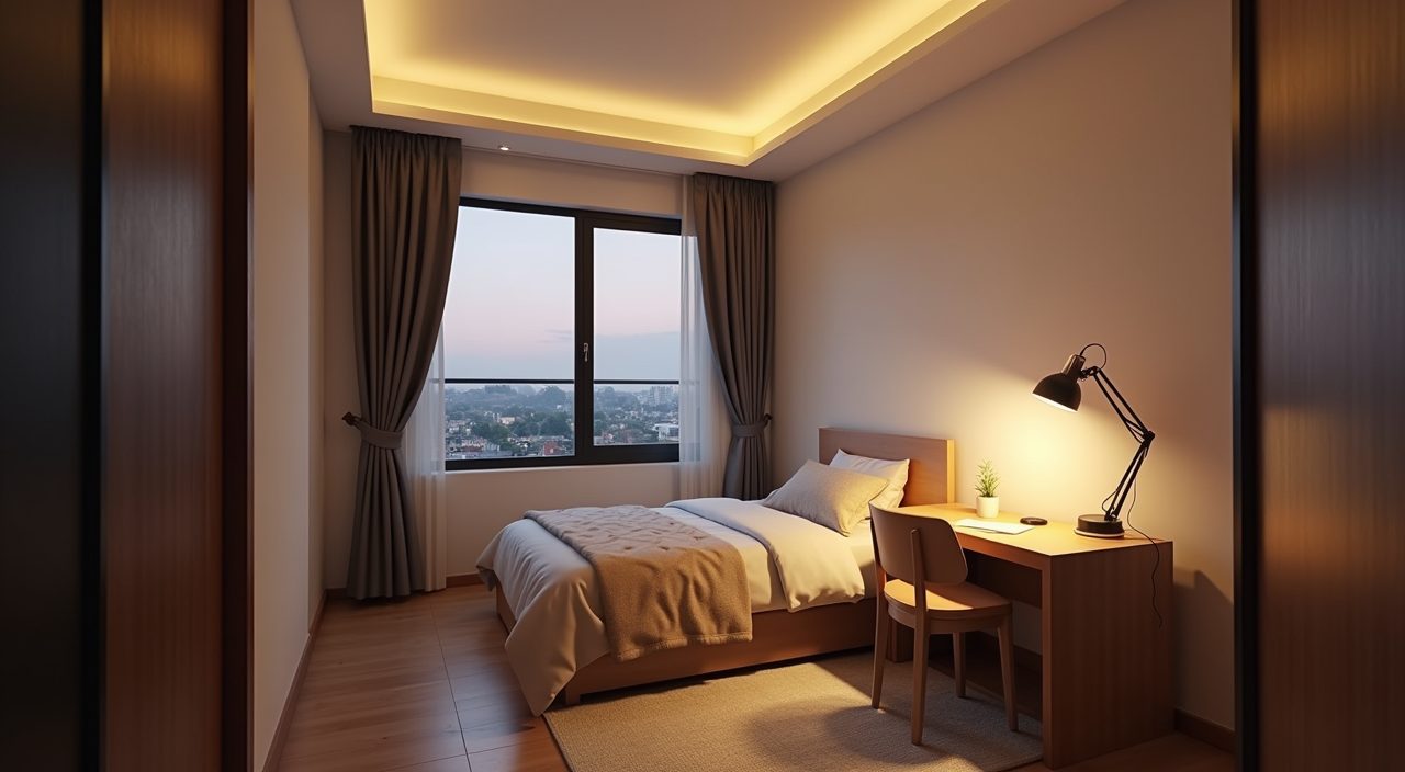 Layered ambient, task and night lighting in a contemporary landed home kids room at dusk