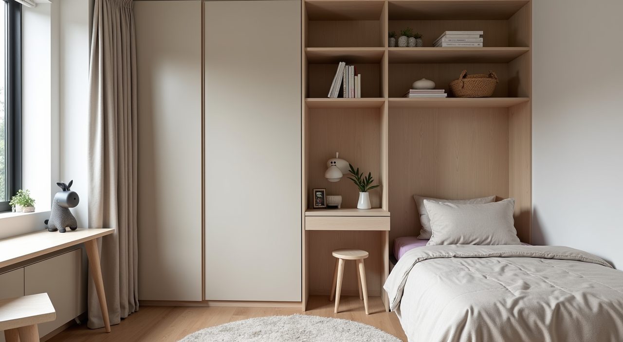 Adaptable neutral kids room built-ins designed to grow with the child in a landed home