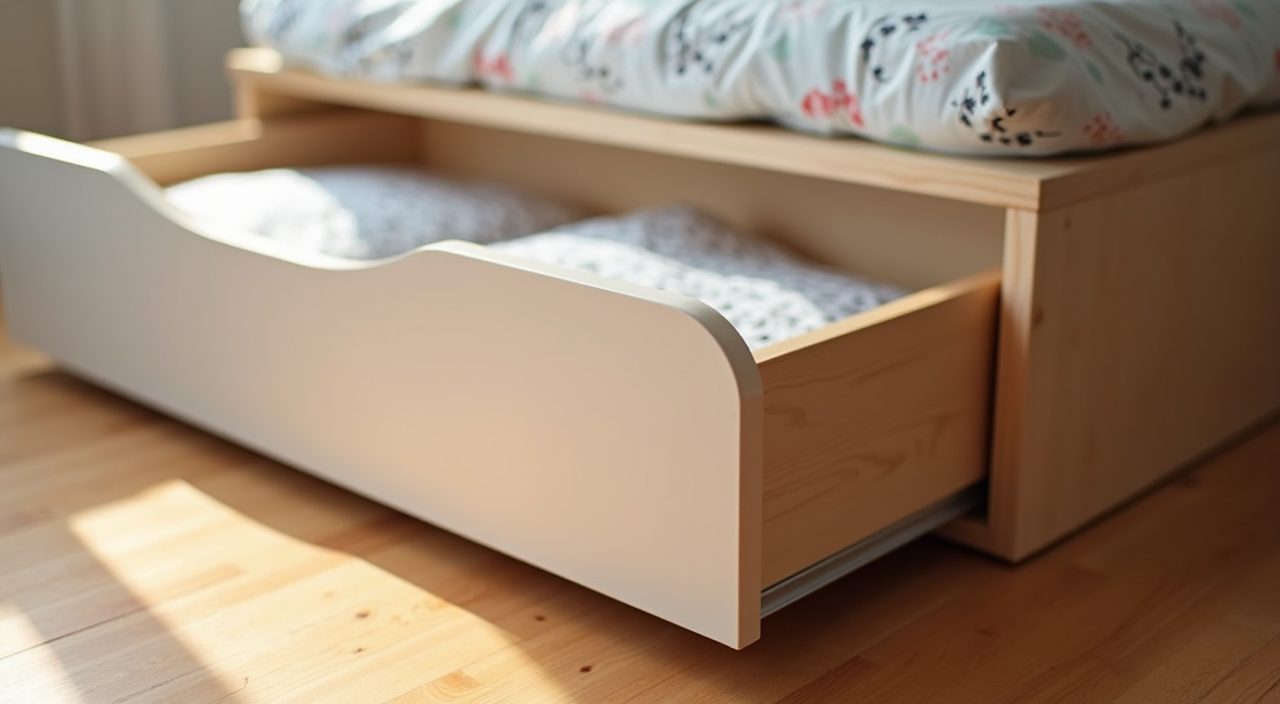 Close up of a low platform bed with pull-out drawer storage in a contemporary kids room