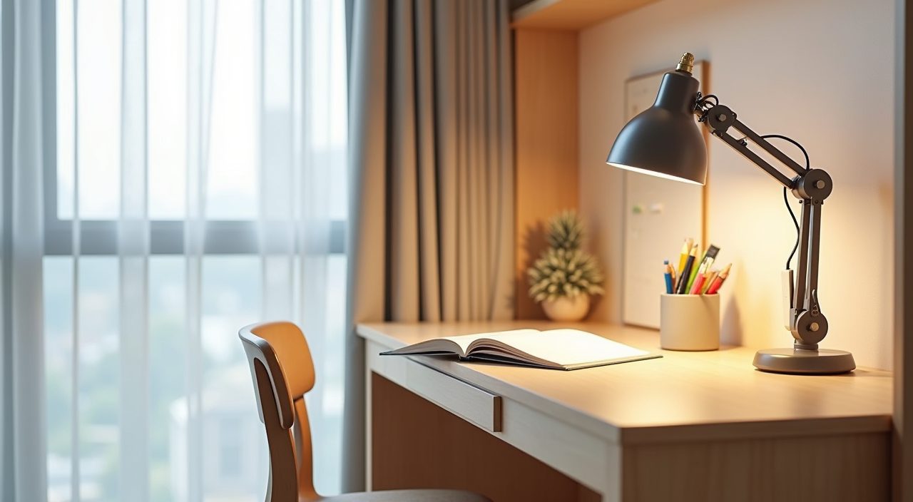 Close up of a built-in study desk and adjustable lamp in a contemporary kids room