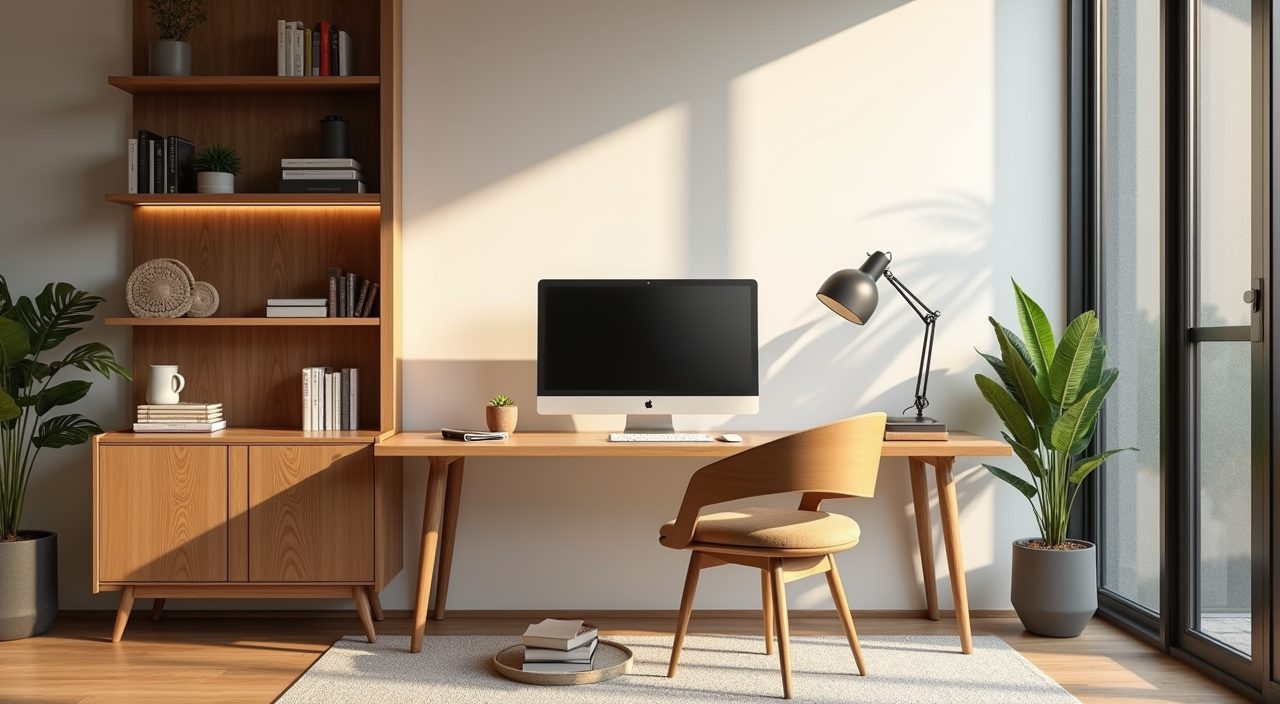 Contemporary landed home study room with desk positioned for side window light