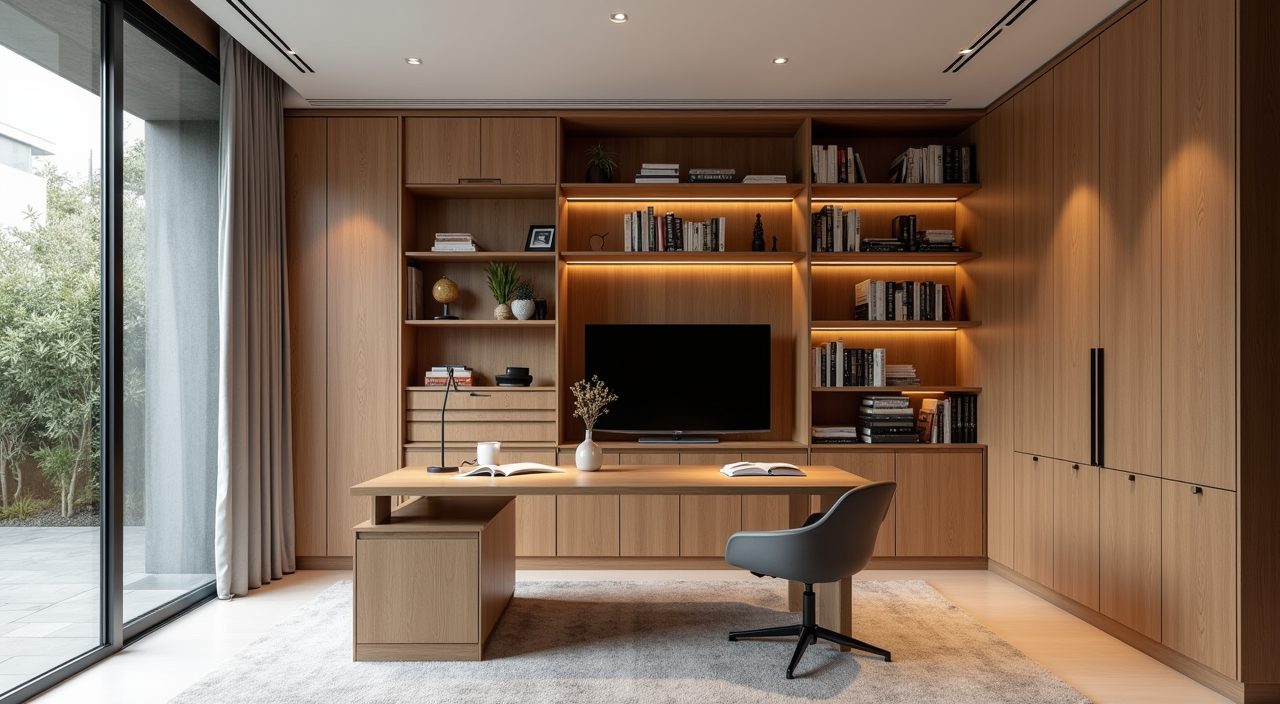 Contemporary landed home study room with full-height built-in joinery and open bookshelves