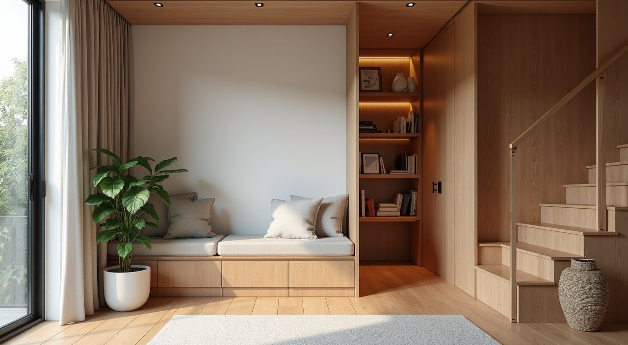 Corner view of a mezzanine landing study nook with built-in window bench in a landed home