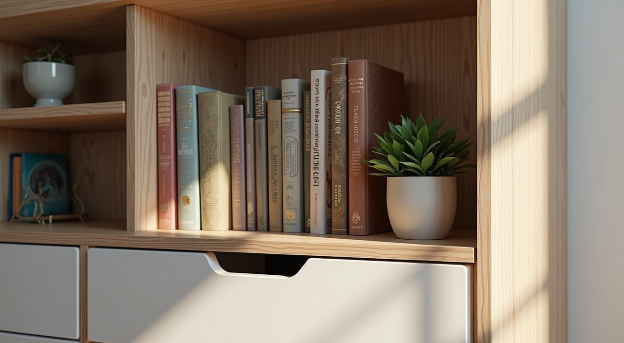 Storage detail of open bookshelf and closed base cabinets in a contemporary landed home study